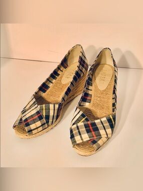RALPH LAUREN Plaid Peep-Toe Espadrille Wedges - Navy/White